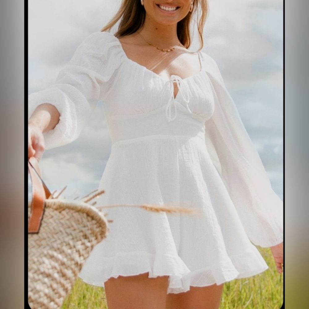 Princess Polly White Bishop Sleeves Romper Shorts Jumper Linen Peasant Flowy